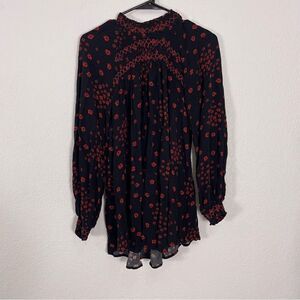 Free People Black with Red Floral Mock Smocked Neck Long Sleeve Tunic Top